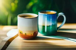 zwei Kaffee Tassen mit ein Landschaft Gemälde auf ihnen. KI-generiert foto