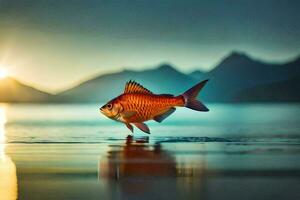 ein Fisch ist Stehen auf das Wasser beim Sonnenuntergang. KI-generiert foto