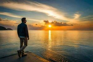 ein Mann Stehen auf ein Dock suchen beim das Sonnenuntergang. KI-generiert foto