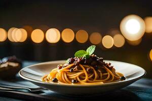ein Teller von Spaghetti mit Fleisch und Soße auf ein hölzern Tisch. KI-generiert foto