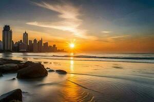 das Sonne setzt Über das Stadt Horizont im Dubai. KI-generiert foto