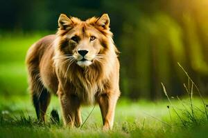 ein Löwe ist Gehen im das Gras. KI-generiert foto