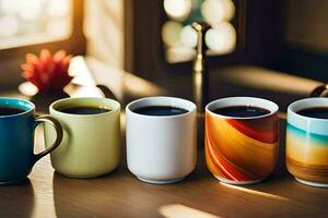 fünf anders farbig Kaffee Tassen gefüttert oben auf ein Tisch. KI-generiert foto