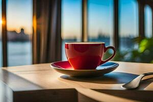 ein rot Tasse von Kaffee sitzt auf ein Tabelle mit ein Aussicht von das Stadt. KI-generiert foto