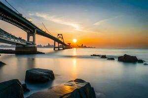 das Brücke beim Sonnenuntergang im das Ozean. KI-generiert foto