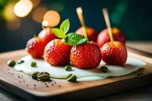 Erdbeeren mit Sahne und Minze auf ein hölzern Platte. KI-generiert foto