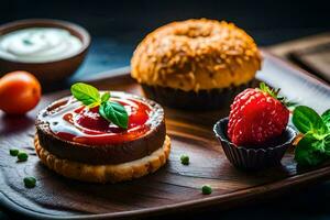 ein Teller mit ein Erdbeere, ein Cupcake und ein Gebäck. KI-generiert foto