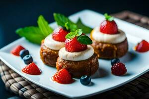 drei klein Kuchen mit Erdbeeren und Blaubeeren auf oben. KI-generiert foto