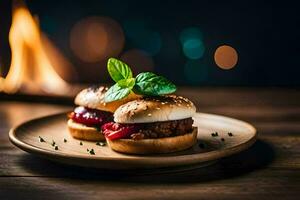 zwei Hamburger auf ein Teller mit ein Feuer im das Hintergrund. KI-generiert foto