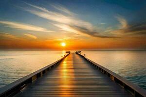 ein hölzern Seebrücke erstreckt sich aus in das Ozean beim Sonnenuntergang. KI-generiert foto