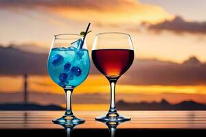 zwei Brille von Wein mit Blau und rot flüssig. KI-generiert foto