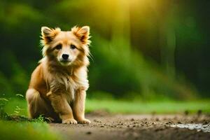 ein Hund Sitzung auf das Boden im das Mitte von ein Feld. KI-generiert foto