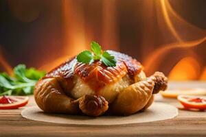 ein Hähnchen ist Sitzung auf ein hölzern Schneiden Tafel mit ein Feuer im das Hintergrund. KI-generiert foto