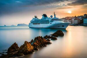 ein Kreuzfahrt Schiff im das Ozean beim Sonnenuntergang. KI-generiert foto