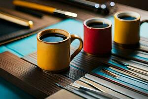 zwei Kaffee Tassen und ein Stift auf ein Tisch. KI-generiert foto
