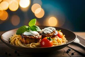 Spaghetti mit Fleischklößchen und Tomaten im ein Schüssel. KI-generiert foto