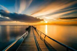 ein Seebrücke Dehnen aus in das Ozean beim Sonnenuntergang. KI-generiert foto