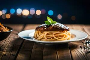 Spaghetti mit Fleisch Soße und Parmesan Käse auf ein Platte. KI-generiert foto