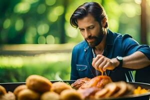 ein Mann ist Kochen Essen auf ein Grill. KI-generiert foto