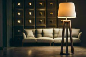 ein Lampe ist Sitzung auf ein hölzern Fußboden im Vorderseite von ein Couch. KI-generiert foto