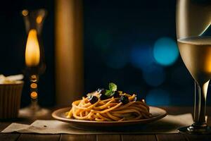 Spaghetti mit Oliven und ein Glas von Champagner. KI-generiert foto