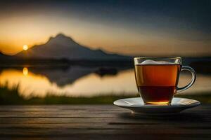 ein Tasse von Tee auf ein hölzern Tabelle im Vorderseite von ein See. KI-generiert foto