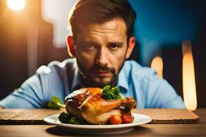 ein Mann ist suchen beim ein Teller von Essen mit ein Hähnchen. KI-generiert foto