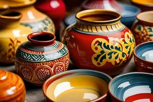 viele bunt Keramik Vasen und Schalen sind vereinbart worden auf ein Tisch. KI-generiert foto