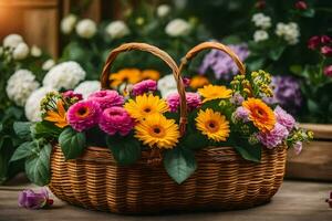 ein Korb mit bunt Blumen auf ein hölzern Tisch. KI-generiert foto
