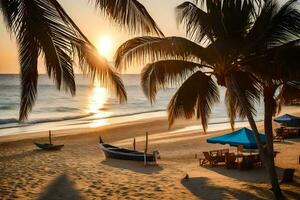 ein Strand mit Palme Bäume und Boote beim Sonnenuntergang. KI-generiert foto