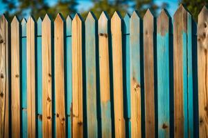 ein hölzern Zaun mit Blau Farbe auf Es. KI-generiert foto