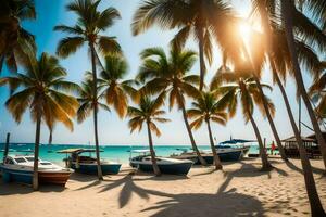 Boote sind angedockt auf das Strand im Vorderseite von Palme Bäume. KI-generiert foto