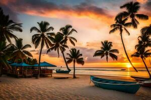 ein schön Sonnenuntergang auf das Strand mit Palme Bäume. KI-generiert foto