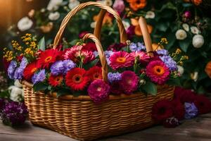 ein Korb gefüllt mit Blumen auf ein hölzern Tisch. KI-generiert foto