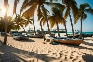 Boote auf das Strand im das Sonne. KI-generiert foto