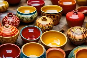 viele bunt Keramik Töpfe und Vasen sind vereinbart worden auf ein Tisch. KI-generiert foto