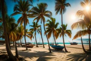 Palme Bäume auf das Strand mit Boote und Sonne. KI-generiert foto