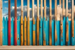 bunt hölzern Zaun mit Blau Himmel und Wolken. KI-generiert foto