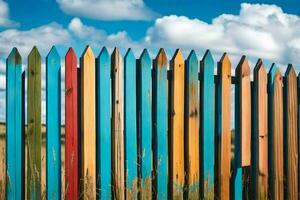 ein bunt Zaun mit Blau Himmel und Wolken. KI-generiert foto