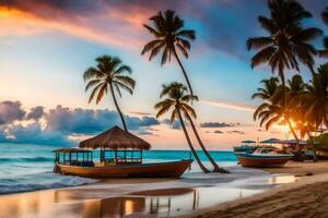 ein Boot sitzt auf das Strand beim Sonnenuntergang mit Palme Bäume im das Hintergrund. KI-generiert foto