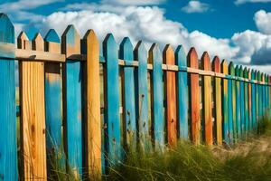 ein bunt hölzern Zaun mit Gras und Himmel im das Hintergrund. KI-generiert foto