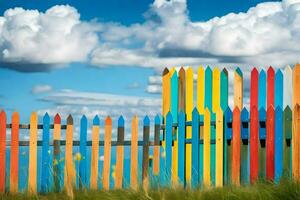 bunt Zaun mit Blau Himmel und Wolken. KI-generiert foto