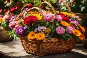 ein Korb gefüllt mit bunt Blumen Sitzung auf ein Tisch. KI-generiert foto