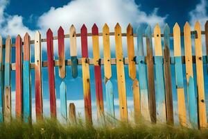 ein bunt Zaun mit Blau Himmel und Gras. KI-generiert foto