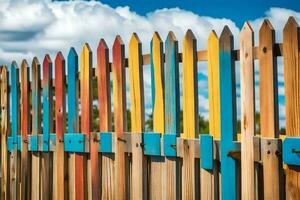 ein bunt Zaun mit hölzern Beiträge und Blau Himmel. KI-generiert foto