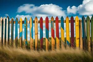 ein bunt Zaun mit Gras und Himmel im das Hintergrund. KI-generiert foto