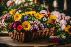 ein Korb mit Blumen auf ein Tisch. KI-generiert foto