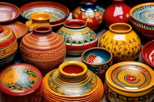 viele bunt Keramik Vasen sind vereinbart worden zusammen. KI-generiert foto