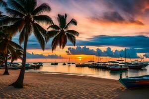 das Sonnenuntergang auf das Strand mit Boote und Palme Bäume. KI-generiert foto