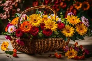 ein Korb gefüllt mit bunt Blumen auf ein hölzern Tisch. KI-generiert foto